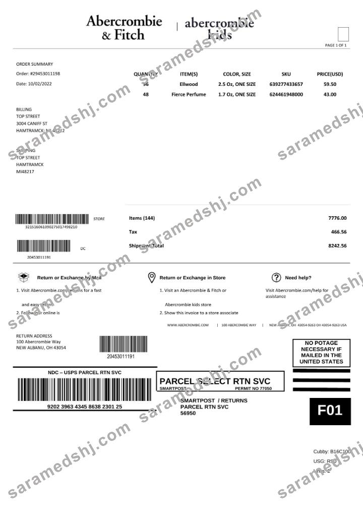 USA Abercrombie & Fitch invoice template in Word and PDF format, fully editable